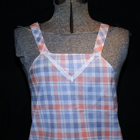 Vintage 70's Orange & Blue Plaid Check Full Bib Apron w/ Lace Criss Cross Back - Picture 3 of 11